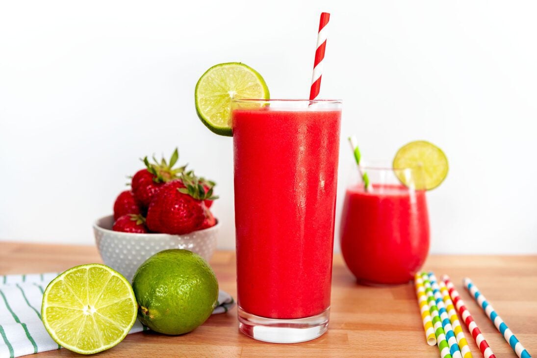 glasses of non-alcoholic strawberry daiquiri mocktail