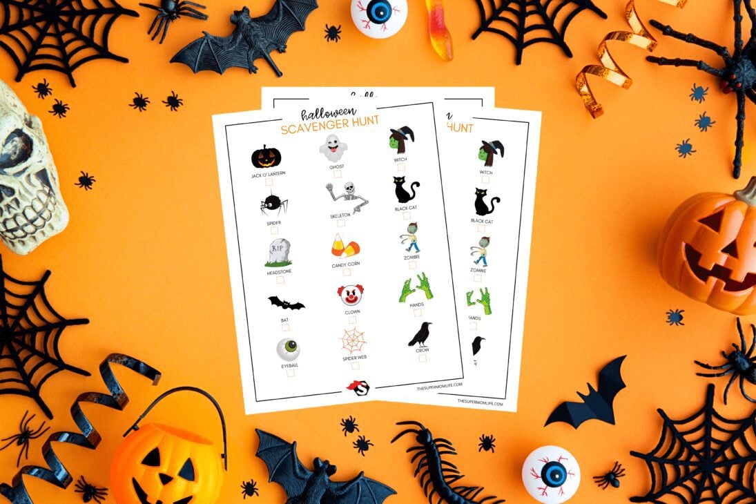 Halloween scavenger hunt on an orange table with decorations