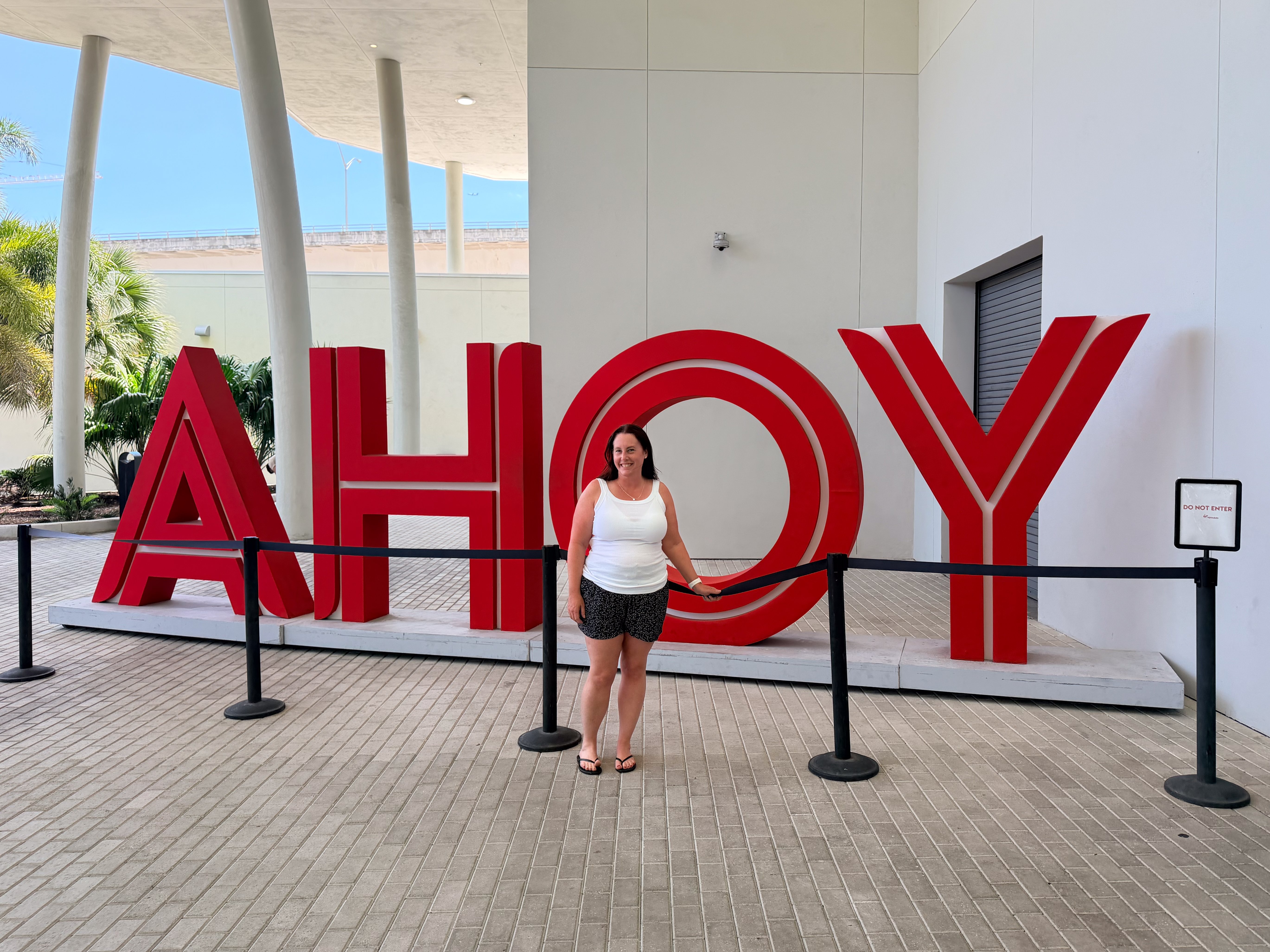 ahoy sign outside the port of miami, virgin voyages